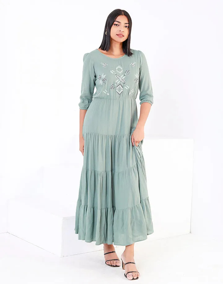 ¾ Sleeves Embroidered Tiered Dress