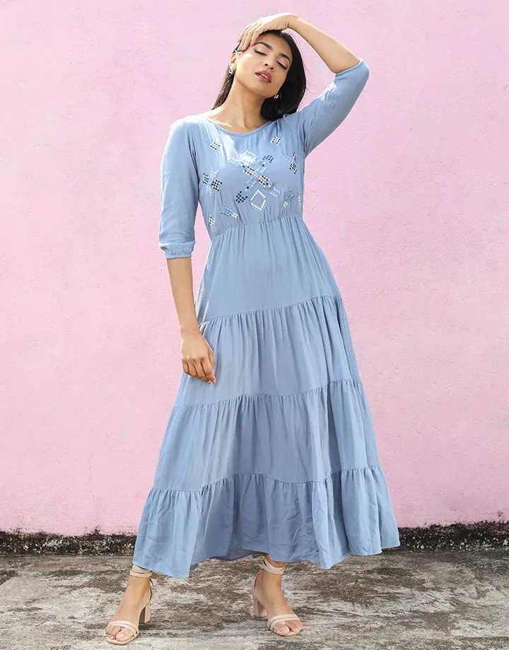 ¾ Sleeves Embroidered Tiered Dress