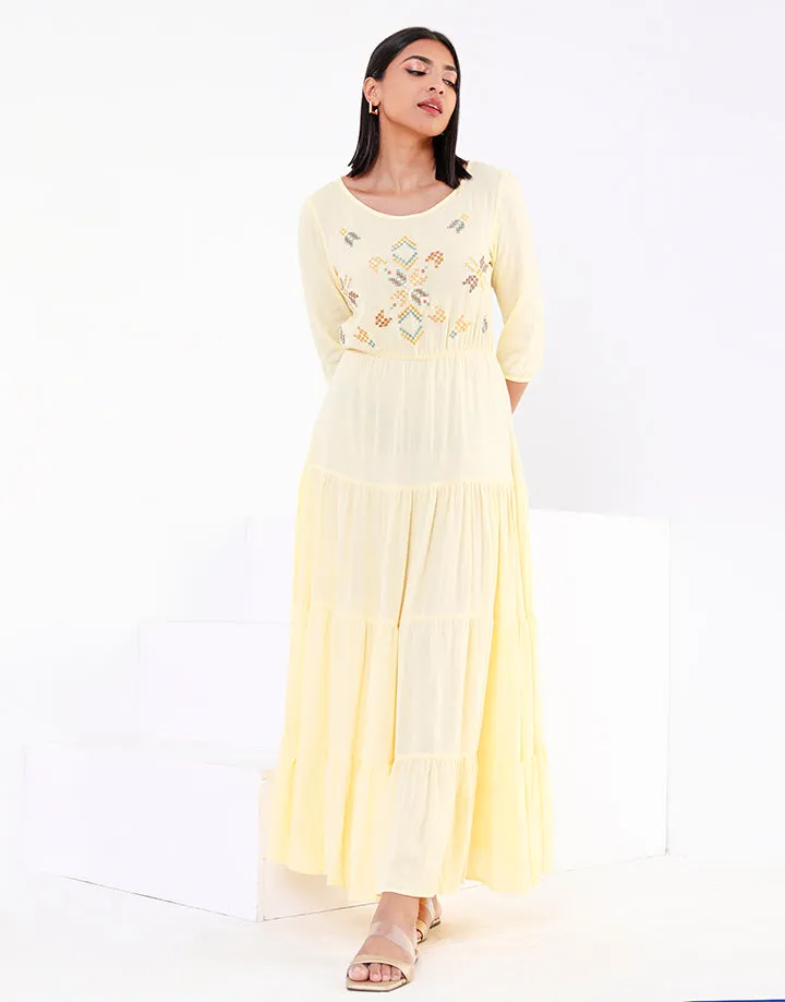 ¾ Sleeves Embroidered Tiered Dress