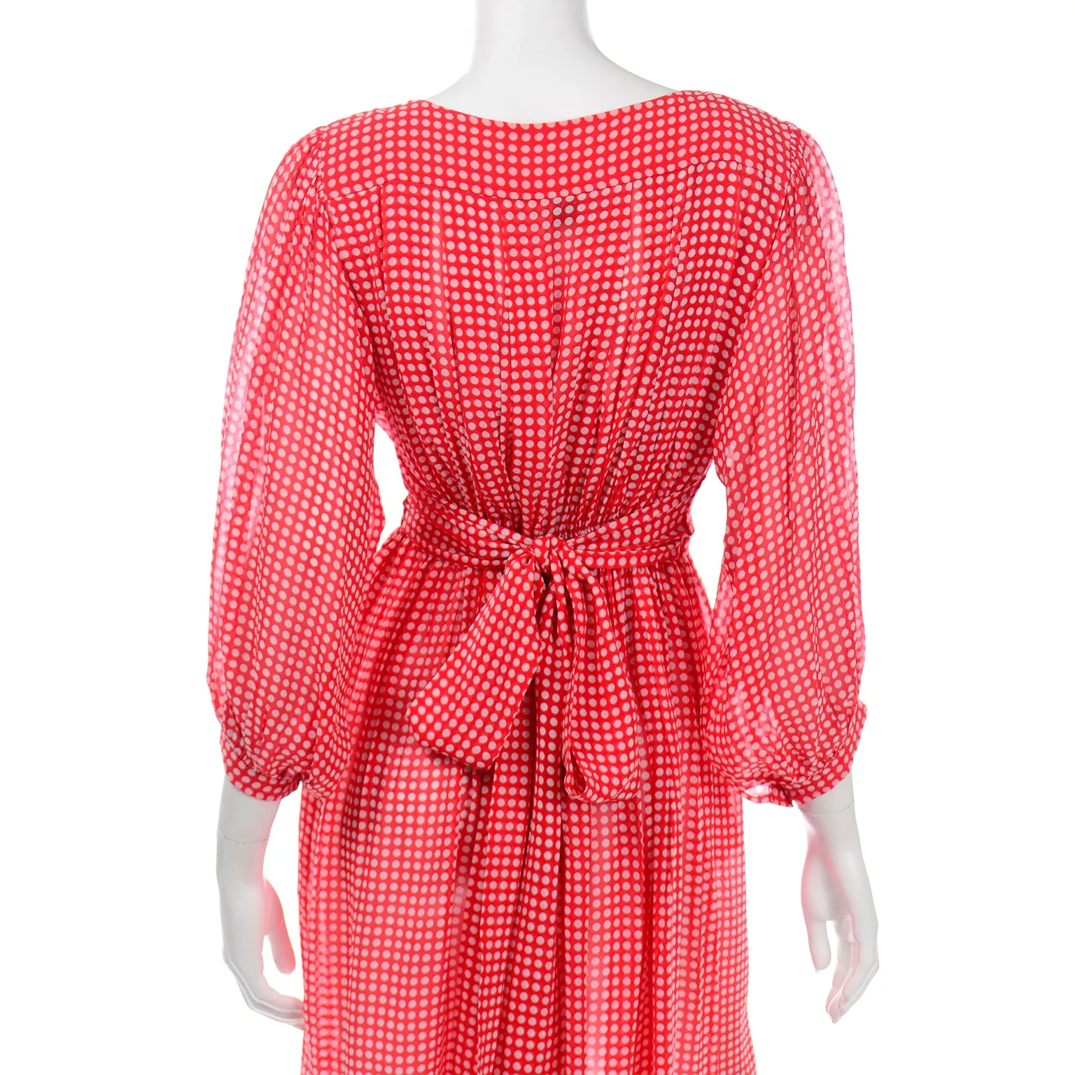 1970s Albert Nipon Red & White Polka Dot Tissue Silk Dress