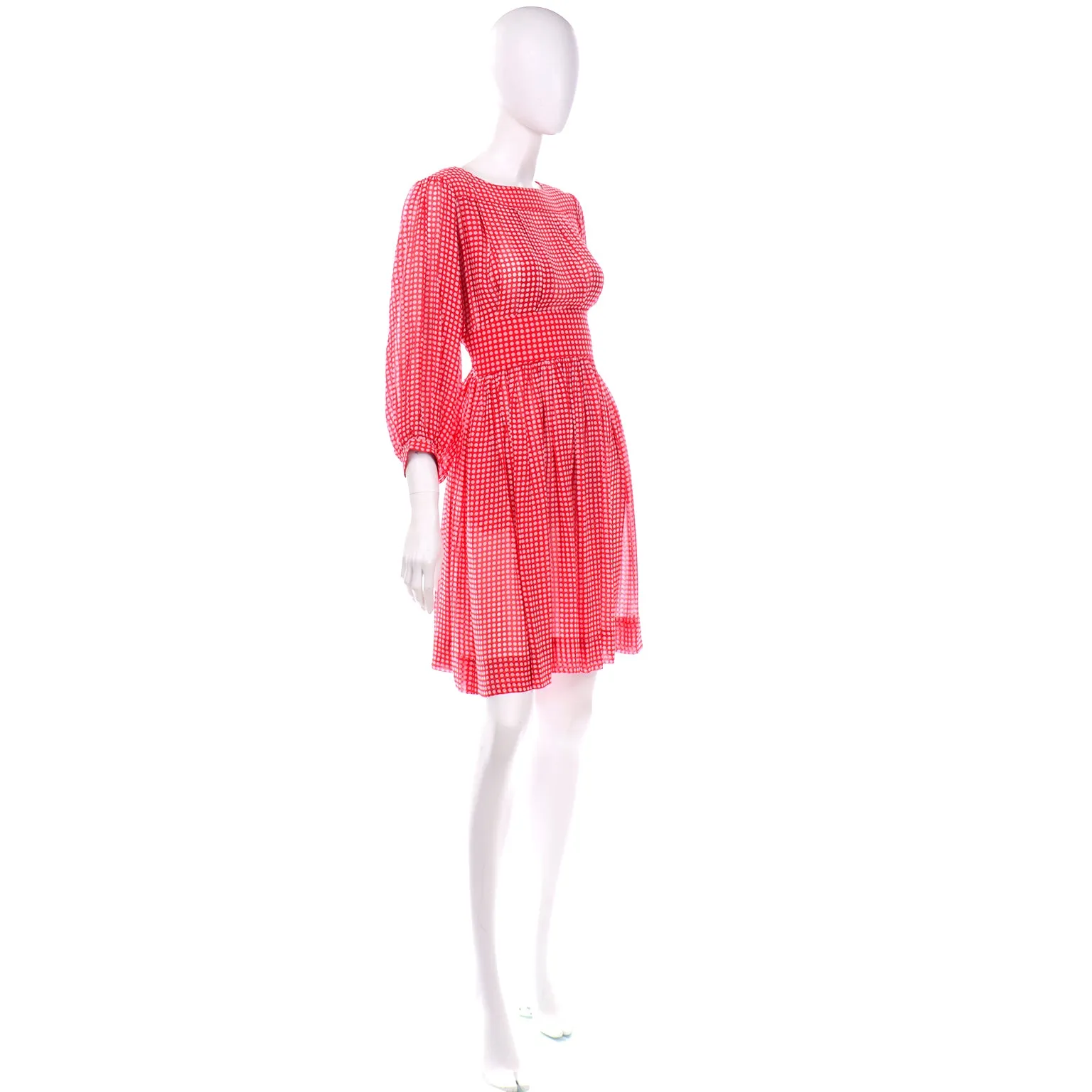 1970s Albert Nipon Red & White Polka Dot Tissue Silk Dress