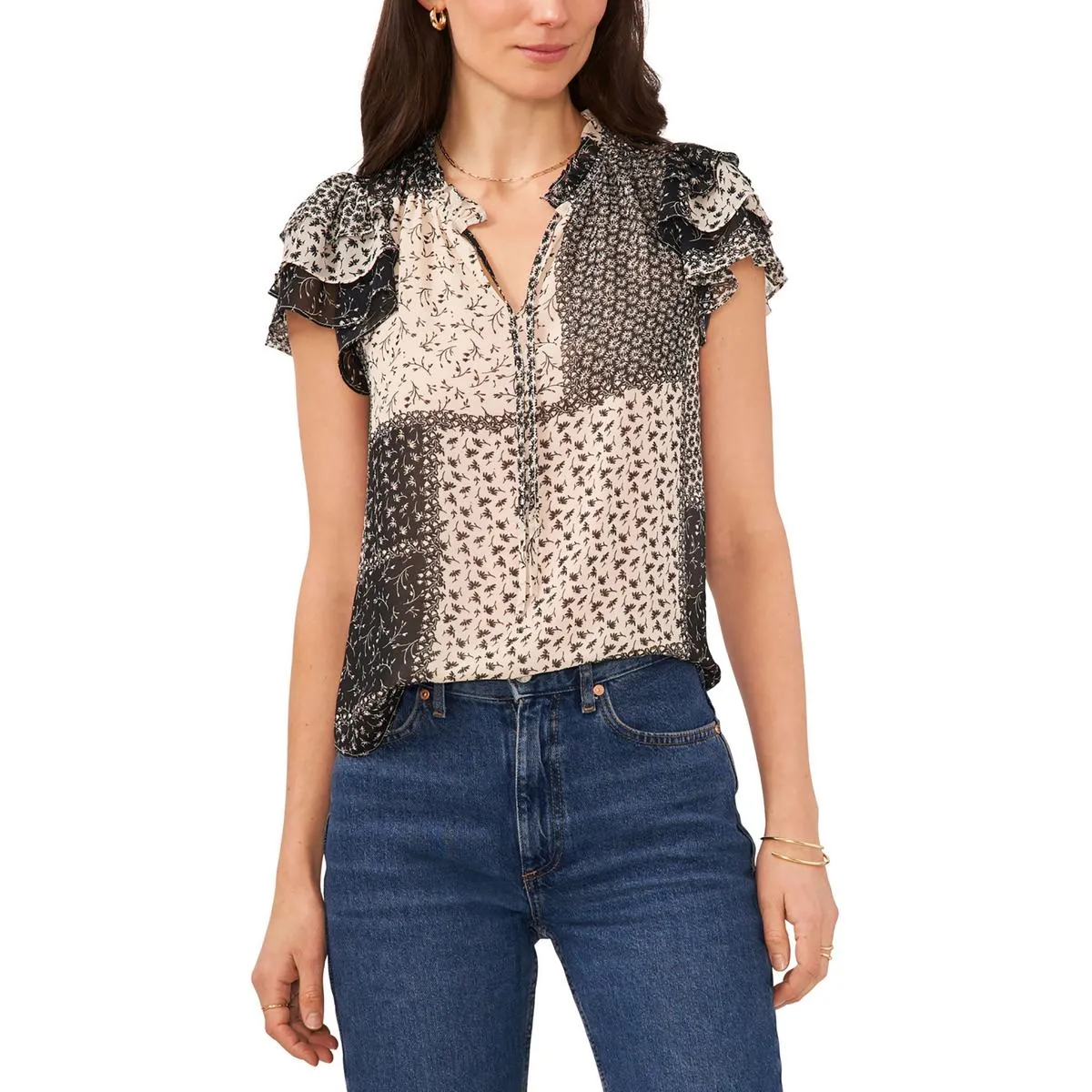 1.State Womens V-Neck Floral Print Blouse