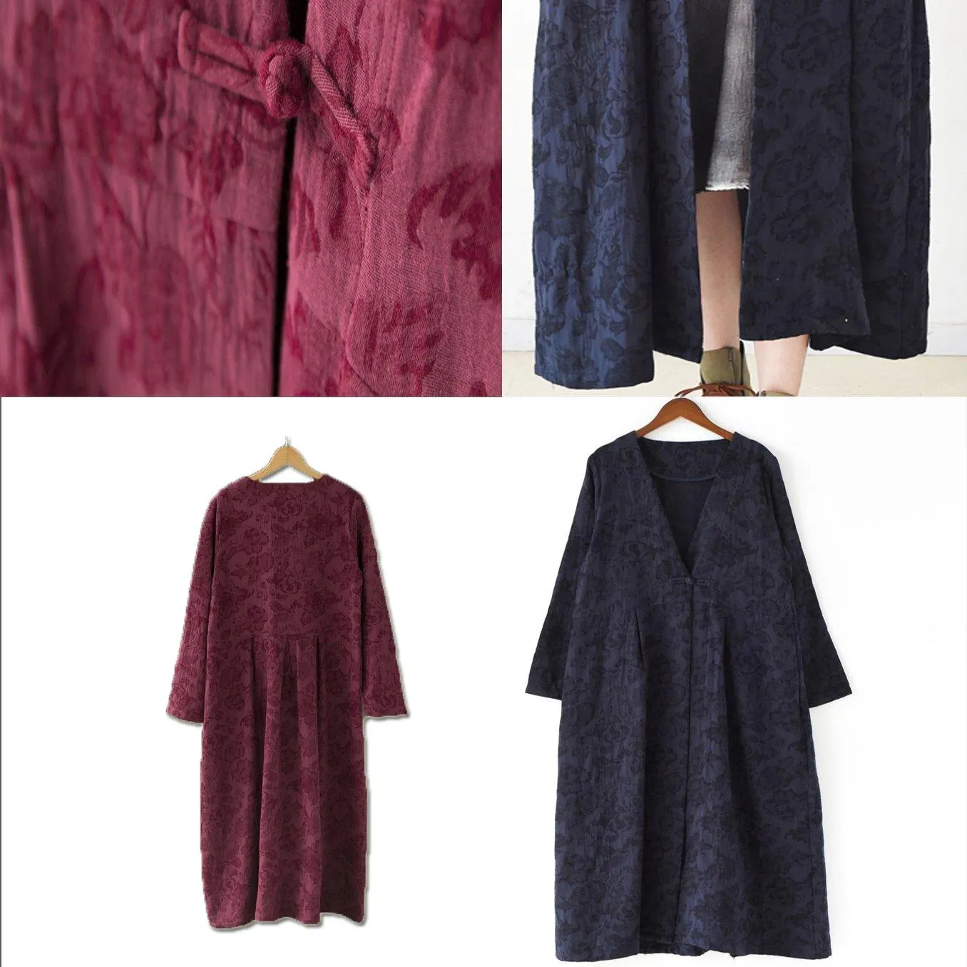 2021 fall blue jacquard linen cardigans plus size casual trench coat