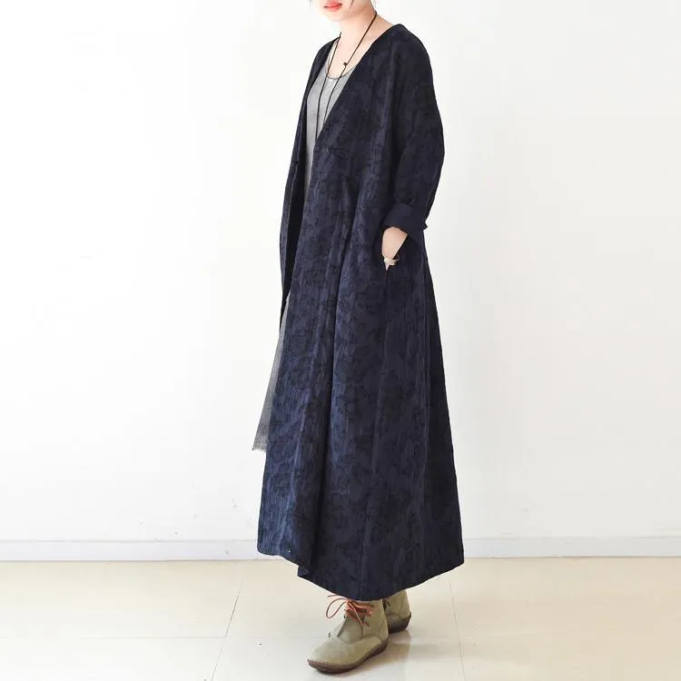 2021 fall blue jacquard linen cardigans plus size casual trench coat