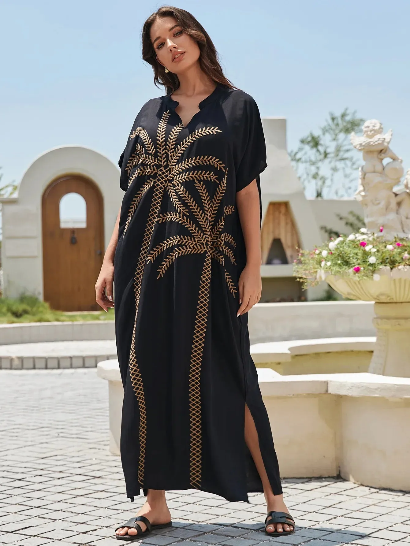 2024 Elegant Black Leaf Embroidered Short Sleeve Maxi Dress