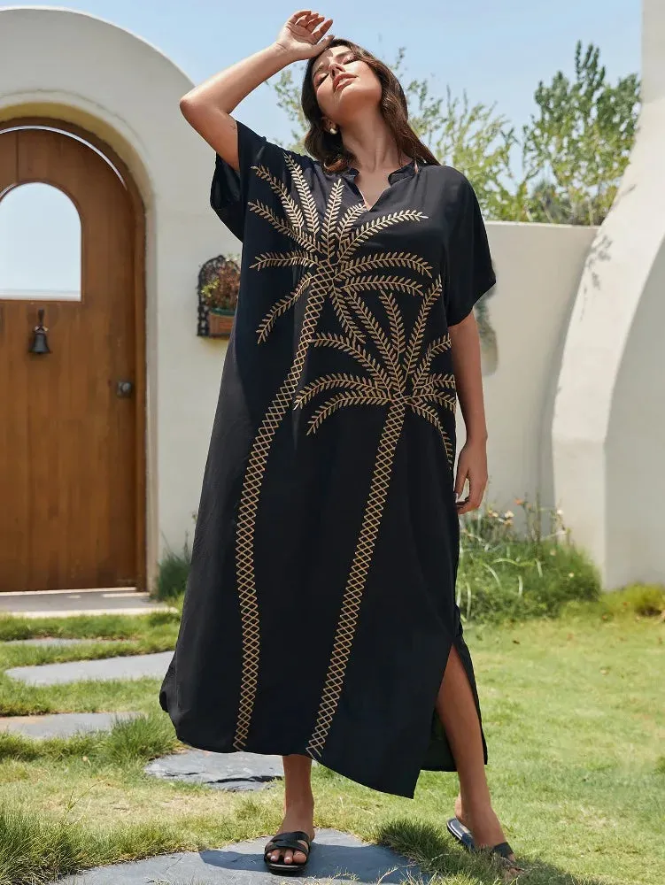 2024 Elegant Black Leaf Embroidered Short Sleeve Maxi Dress