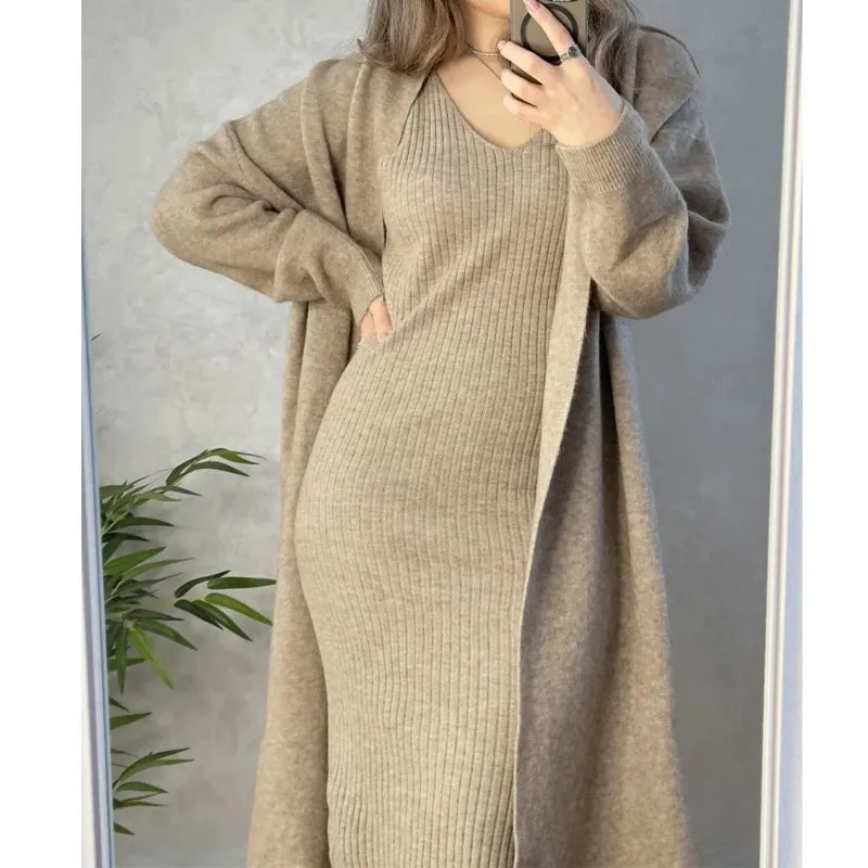 2024 Women Autumn V-Neck Long Cardigans Coat With Pullovers Two Pieces Suits Open Stitch Women Long Sweater Winter Cardigans