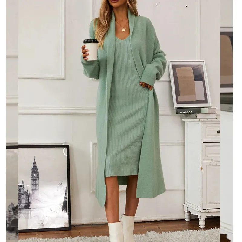 2024 Women Autumn V-Neck Long Cardigans Coat With Pullovers Two Pieces Suits Open Stitch Women Long Sweater Winter Cardigans