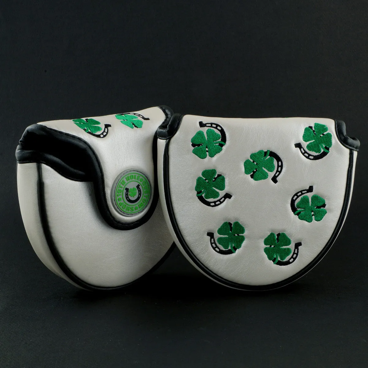 4-Leaf Clover and Horseshoe Mallet Putter Head Cover, Heel Shafted, White