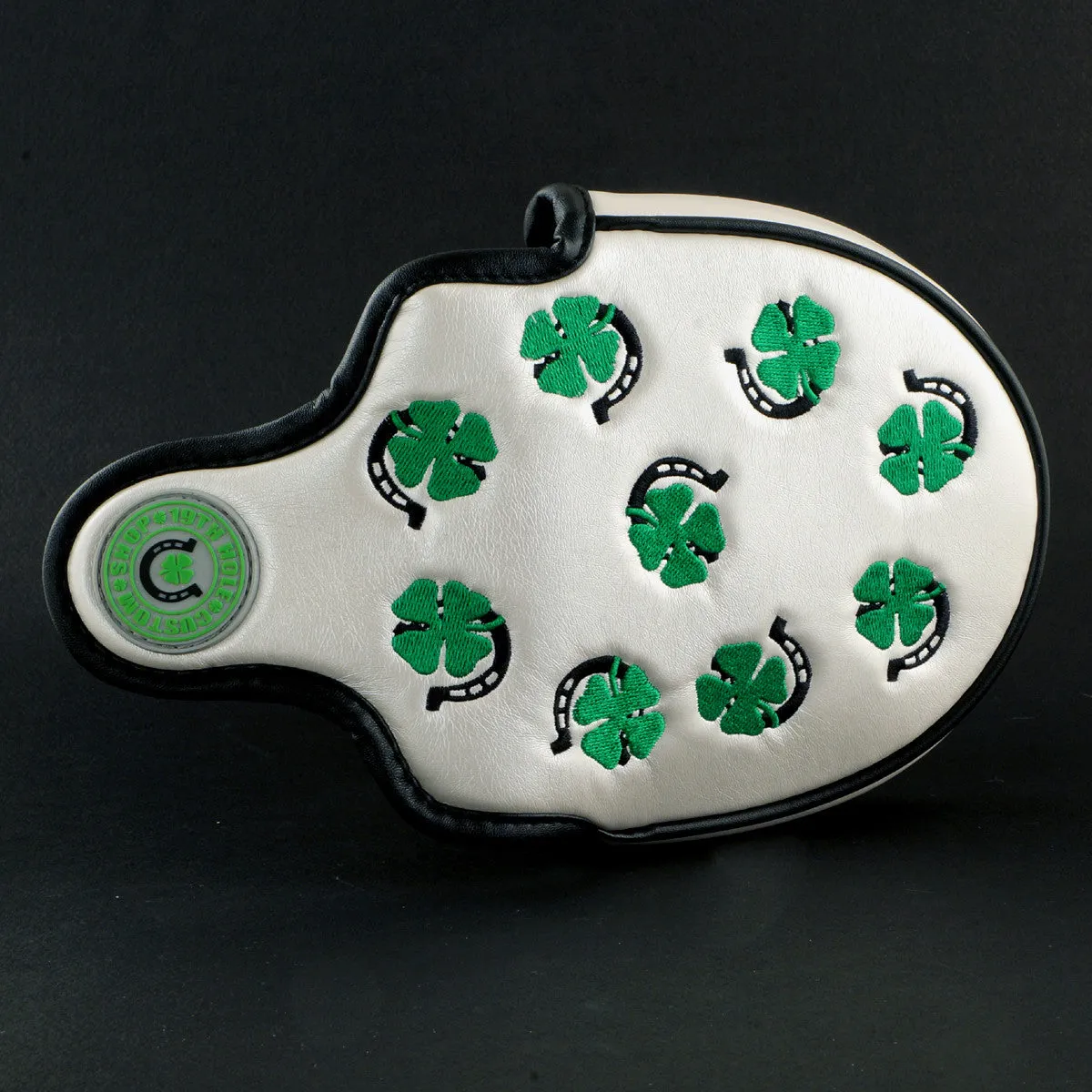 4-Leaf Clover and Horseshoe Mallet Putter Head Cover, Heel Shafted, White