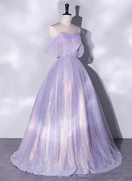 A charming sequin lavender A-line sheer strapless dance dress, lavender princess off the shoulder sleeveless sheer evening dress