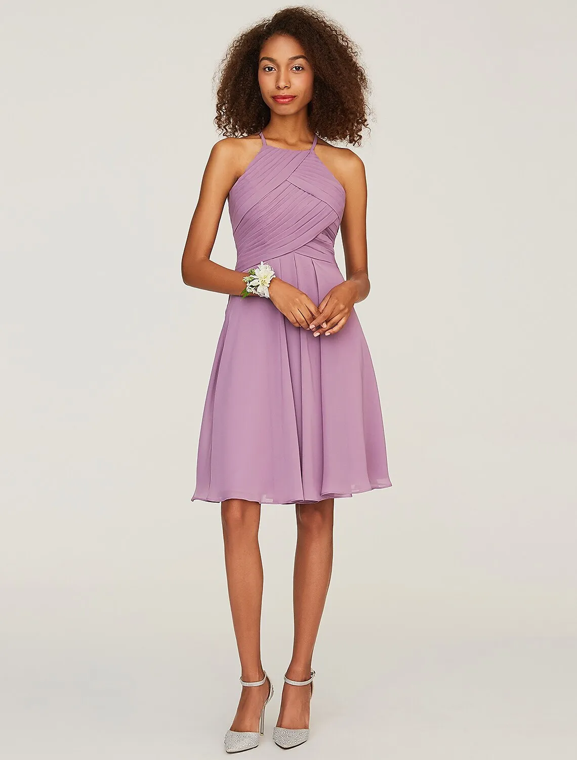 A-Line Bridesmaid Dress Halter Neck Sleeveless Keyhole Knee Length Chiffon with Ruffles