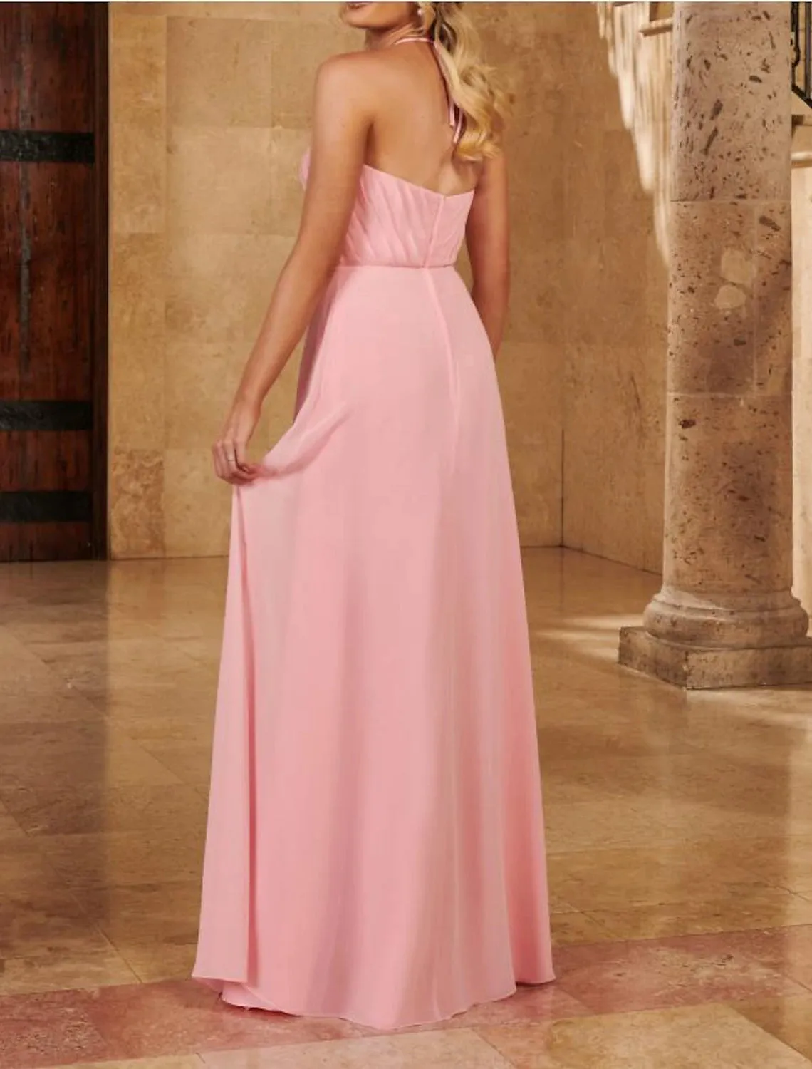 A-Line Bridesmaid Dress Straps / Spaghetti Strap / Strapless Sleeveless Pink Floor Length Chiffon / Shantung / Imitated Silk with Pleats / Draping / Ruching