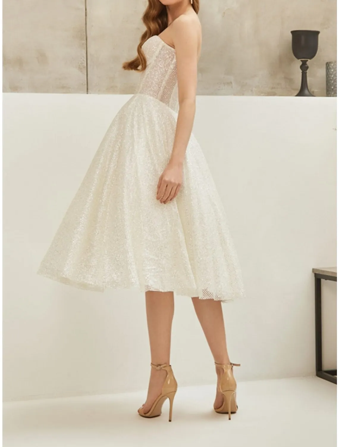 A-Line Cocktail Dresses Party Dress Party Wear Engagement Knee Length Sleeveless Strapless Sequined with Pleats Sequin