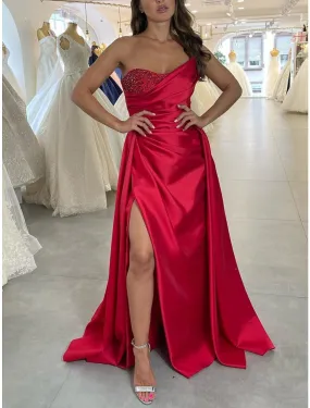 A-Line Evening Gown Elegant Dress Formal Christmas Red Green Dress Sweep / Brush Train Sleeveless Strapless Satin with Pleats Ruched Beading