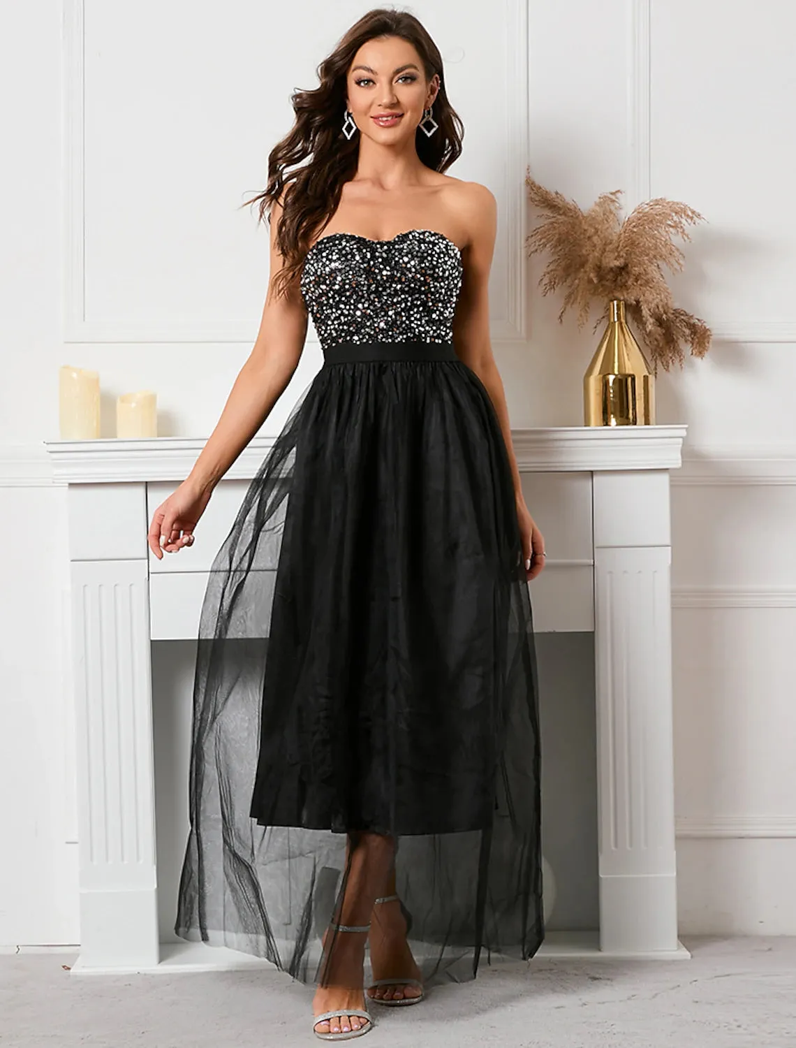 A-Line Party Dresses Sparkle & Shine Dress Holiday Floor Length Sleeveless Strapless Sequined with Sequin