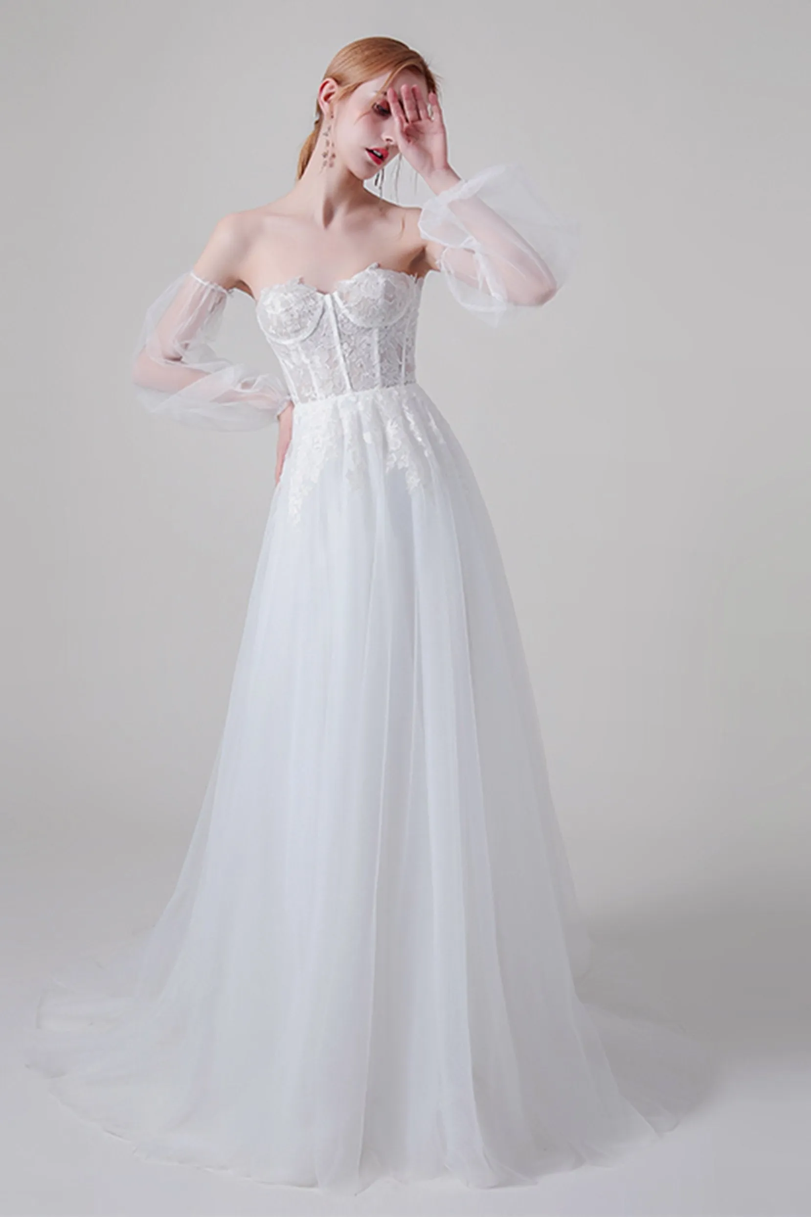 A-Line Sweep-Brush Train Lace Tulle Wedding Dress CW2743