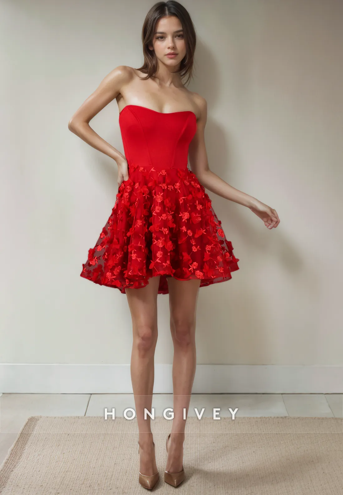 A-Line Sweetheart Strapless Floral Appliqued Short Party Homecoming Dress