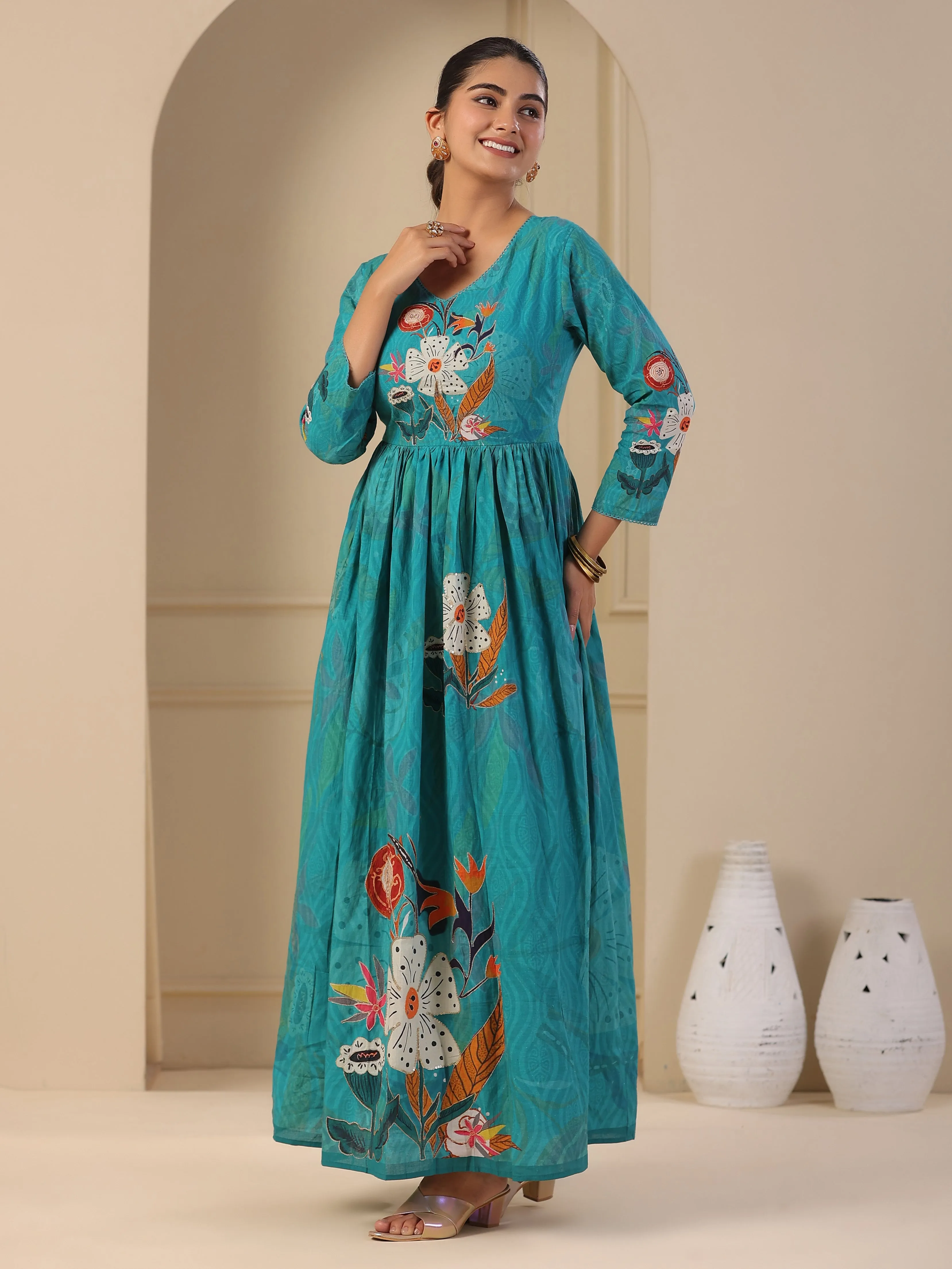 Abstract & Floral Printed Zari & Sequins Embellished Pleated Maxi Dress - Blue