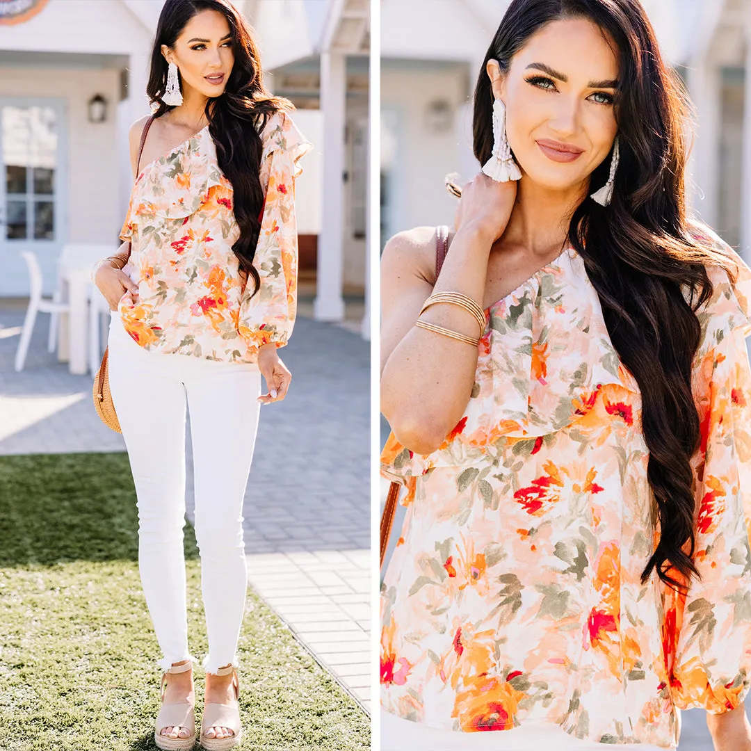 According To Me Peach Orange Floral One Shoulder Blouse