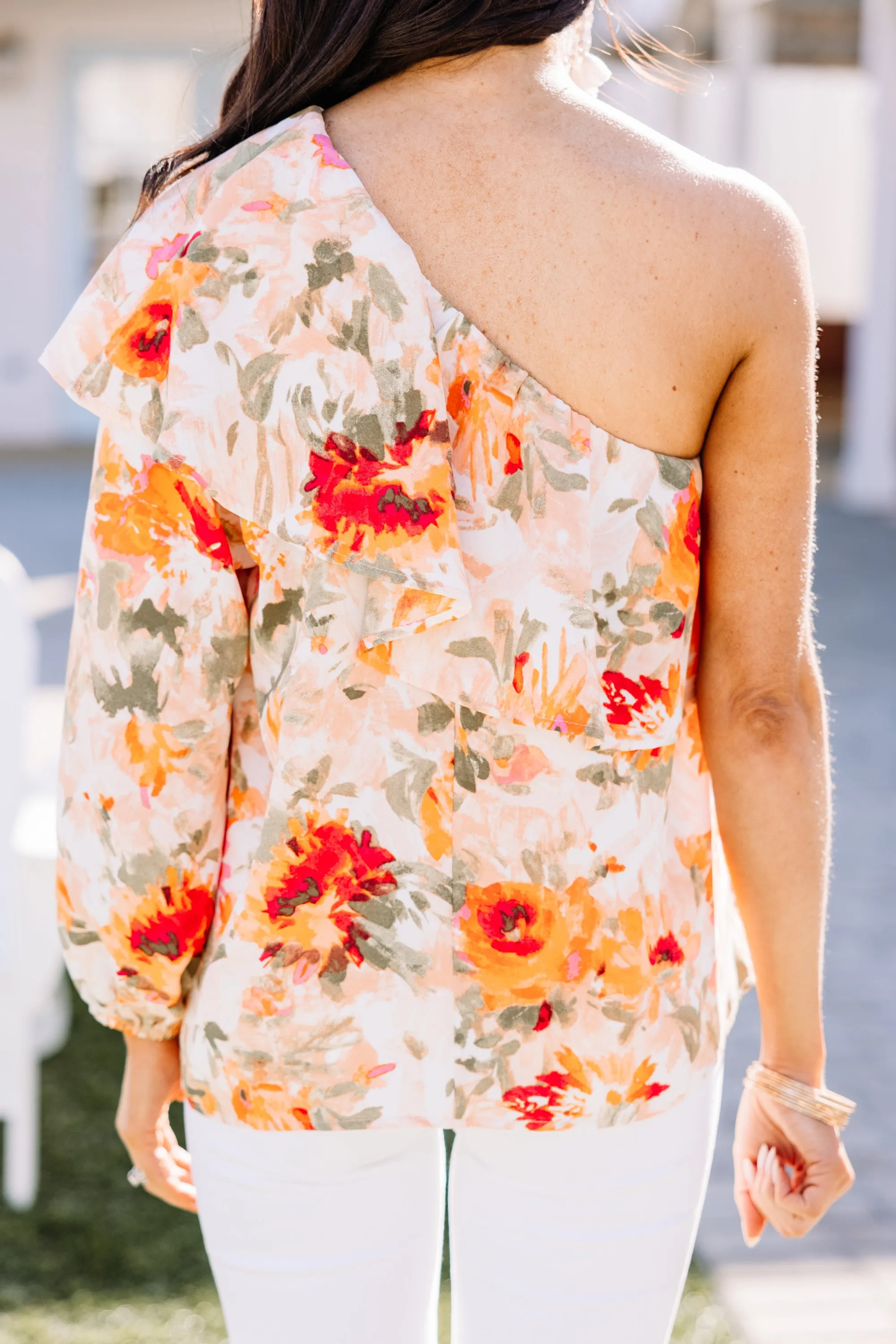 According To Me Peach Orange Floral One Shoulder Blouse