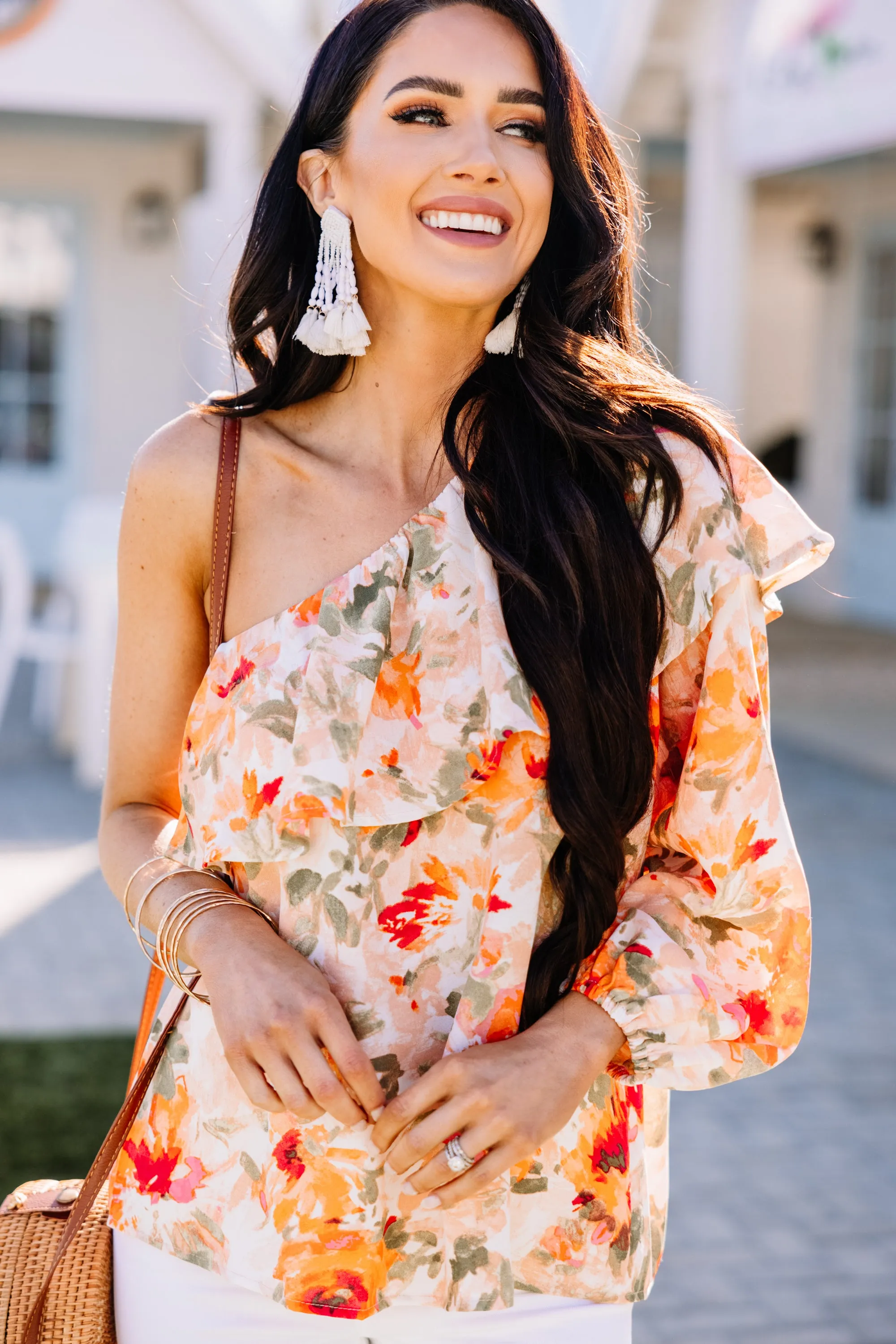 According To Me Peach Orange Floral One Shoulder Blouse