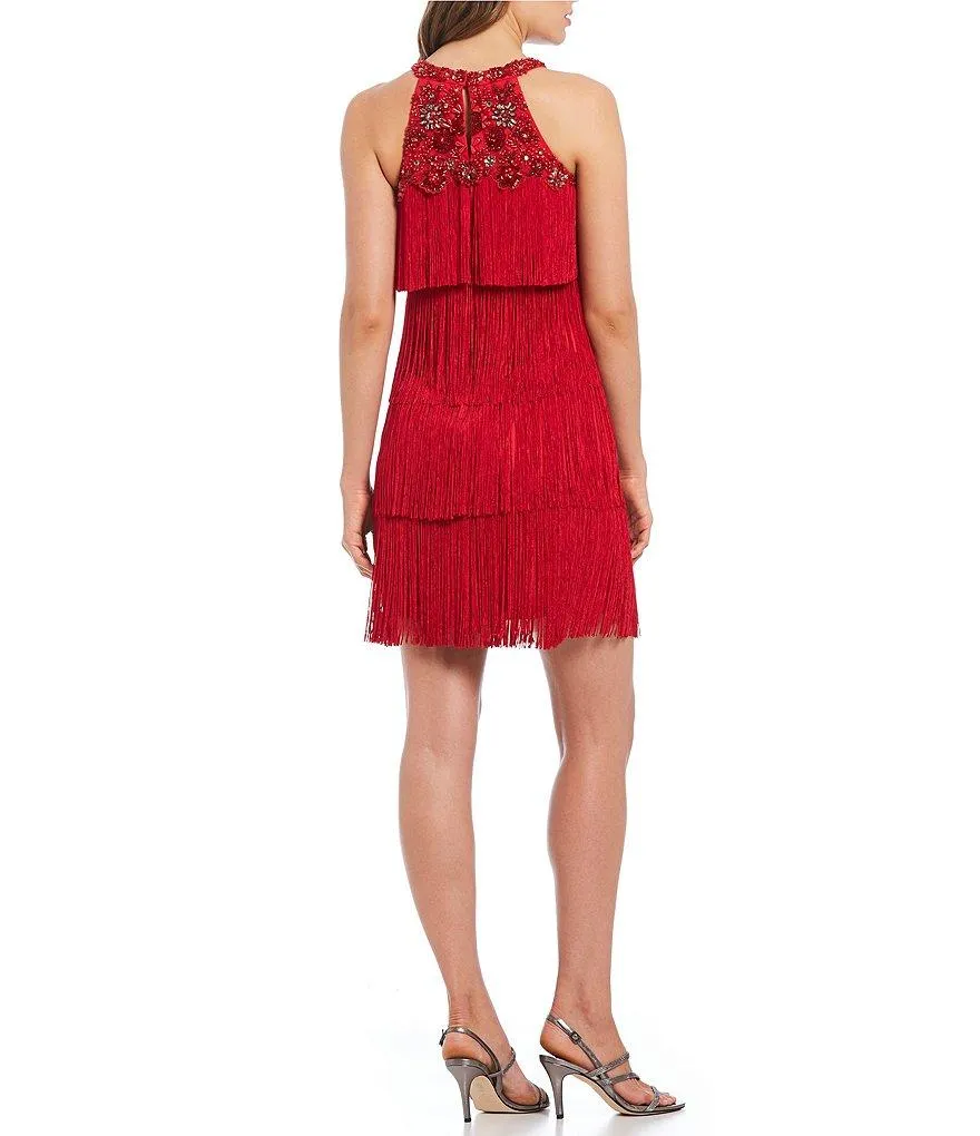 Aidan Mattox - MD1E202713 Embellished Halter Tiered Tassel Dress