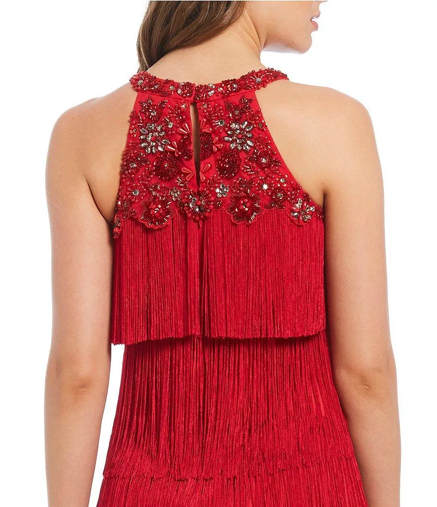 Aidan Mattox - MD1E202713 Embellished Halter Tiered Tassel Dress