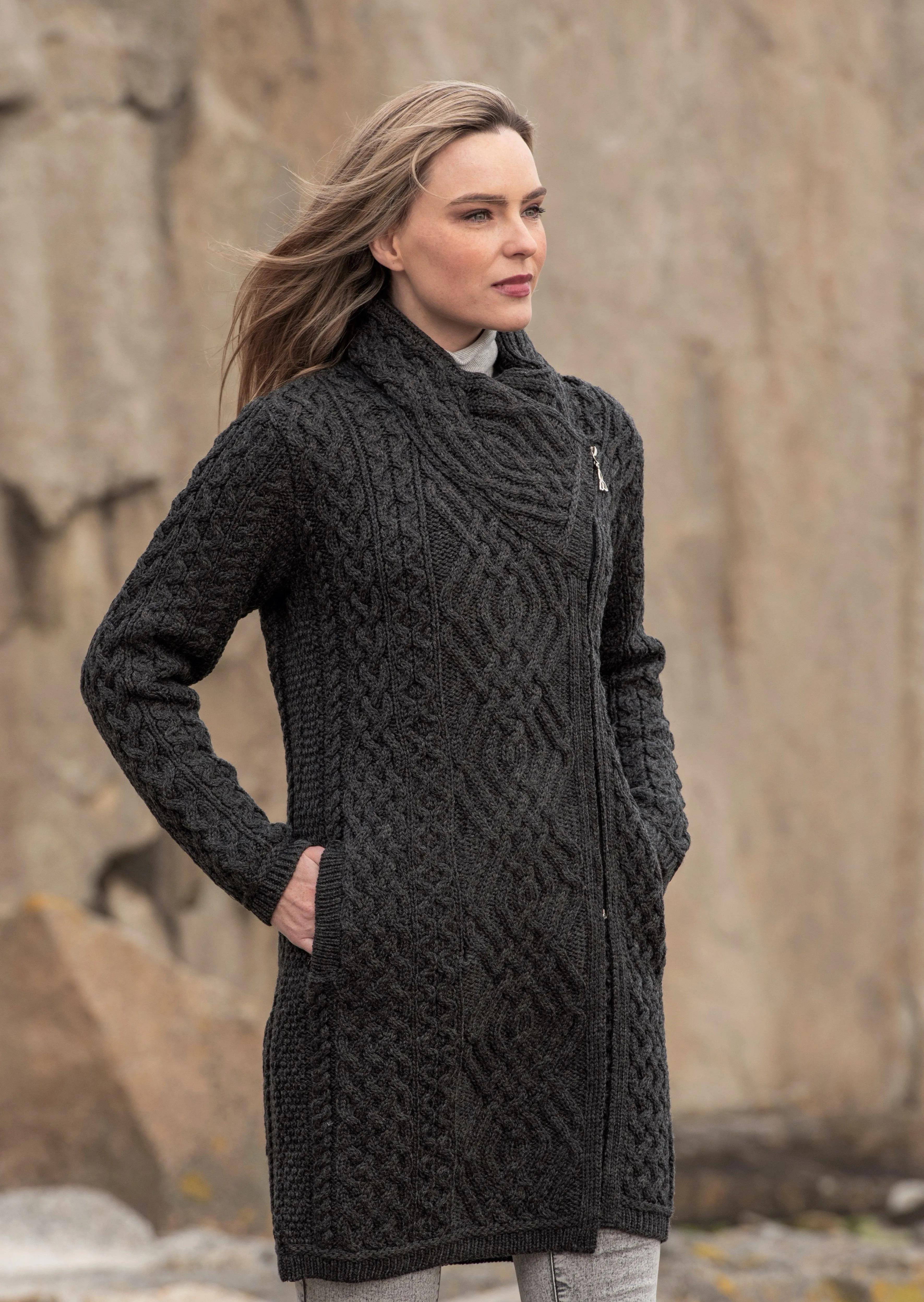 Aran Crafts Cable Knit Side Zip Coat | Charcoal