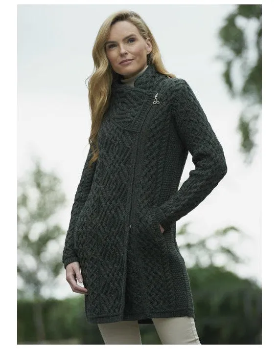 Aran Crafts Cable Knit Side Zip Coat | Green