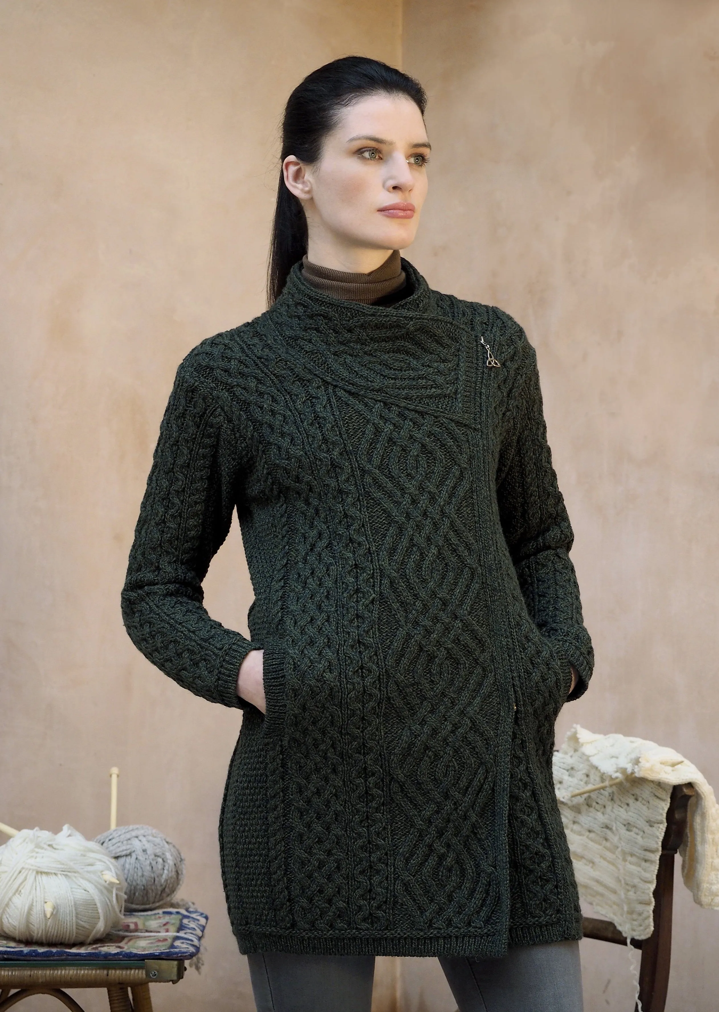 Aran Crafts Cable Knit Side Zip Coat | Green