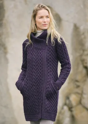 Aran Crafts Heart Design Hooded Coat | Damson