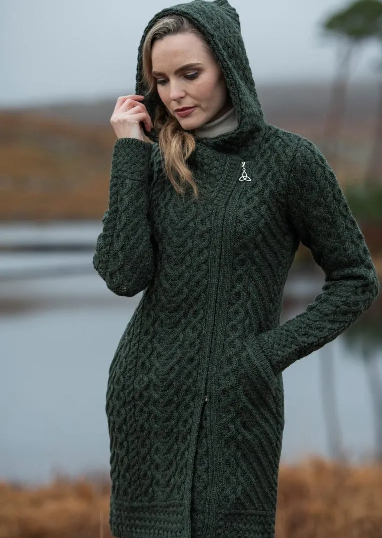 Aran Crafts Heart Design Hooded Coat | Green