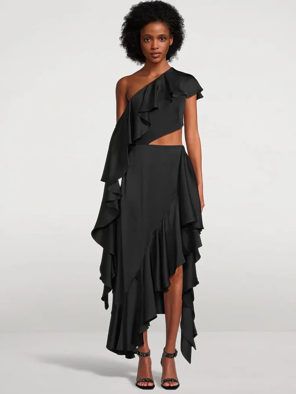 Asymmetric Ruffled One Shoulder Cutout Dress