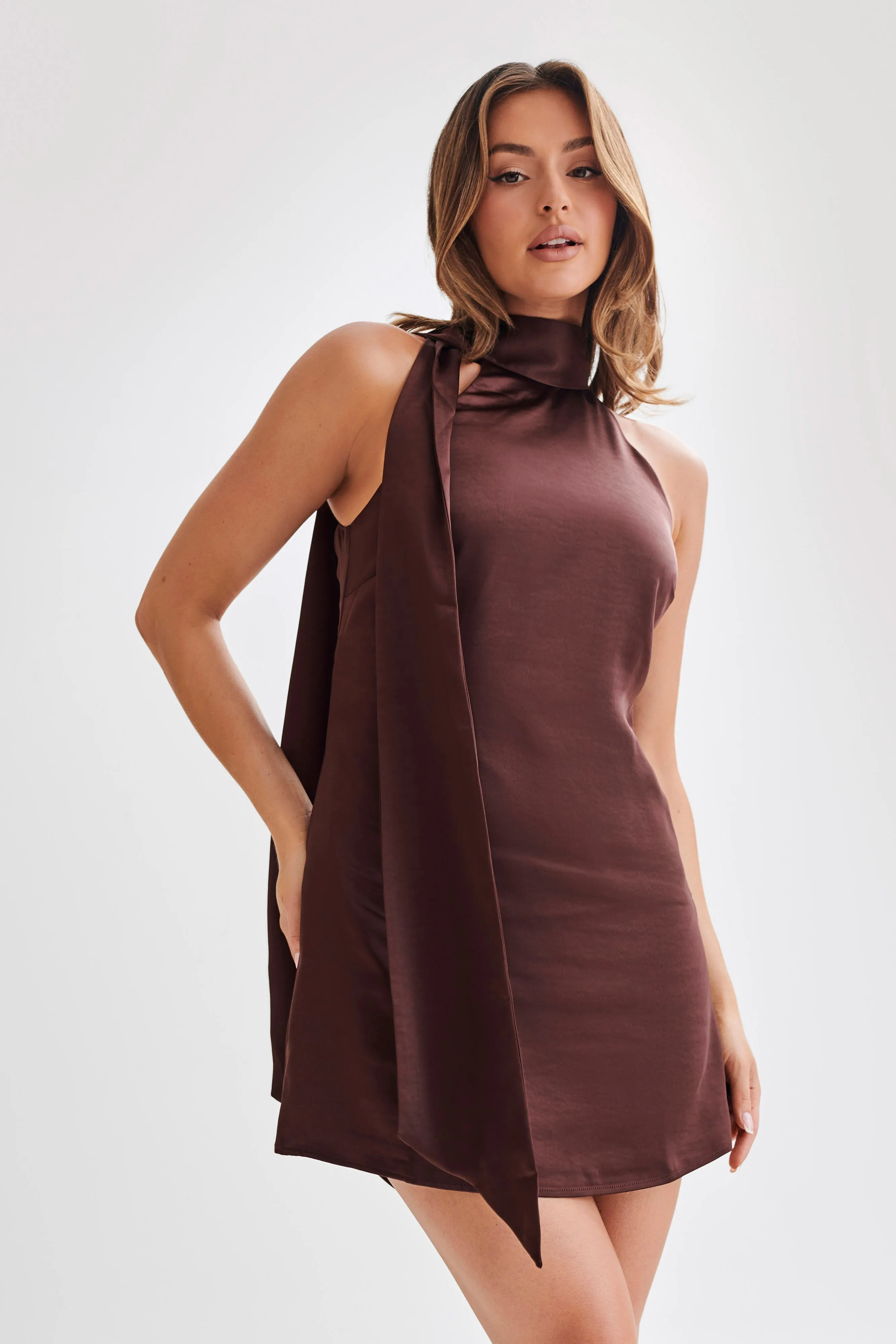 Aubriella Halter Mini Dress With Tie - Dark Chocolate