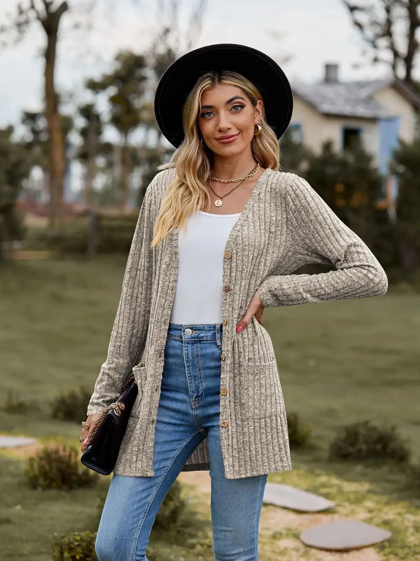 Autumn New Women's Milled Pit Stripe V-Neck Solid Colour Button Long Sleeve Ladies Casual Extensions Cardigan Jacket Coat