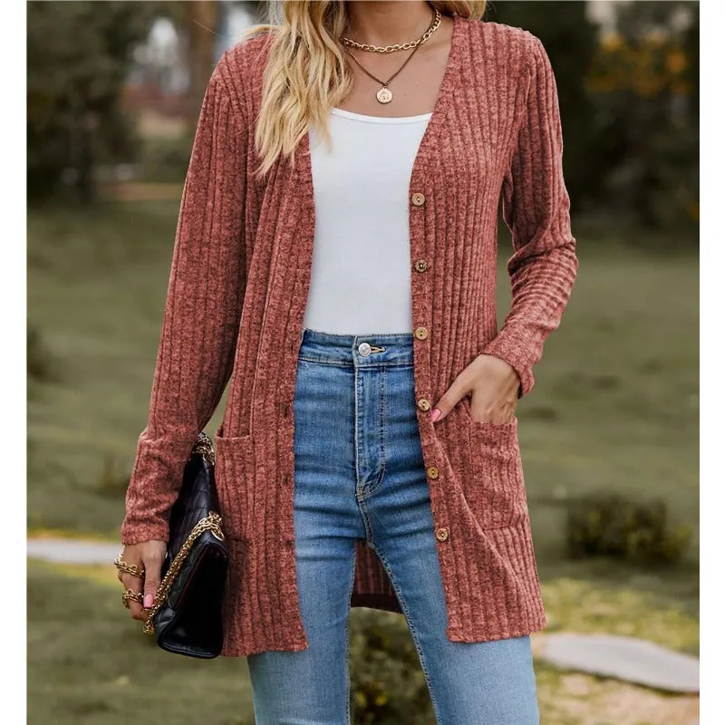 Autumn New Women's Milled Pit Stripe V-Neck Solid Colour Button Long Sleeve Ladies Casual Extensions Cardigan Jacket Coat