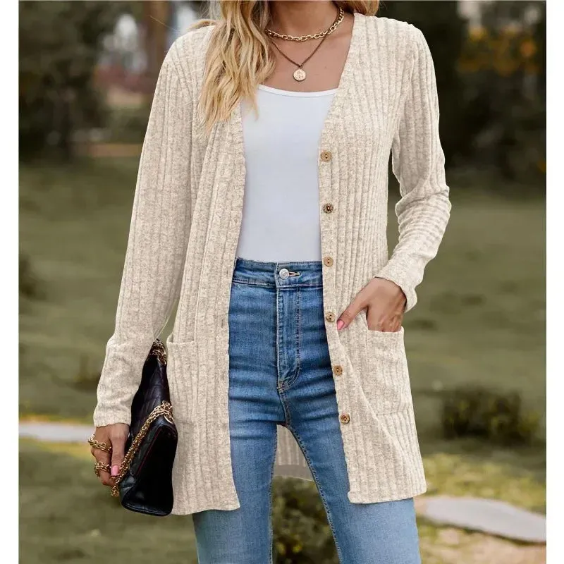 Autumn New Women's Milled Pit Stripe V-Neck Solid Colour Button Long Sleeve Ladies Casual Extensions Cardigan Jacket Coat