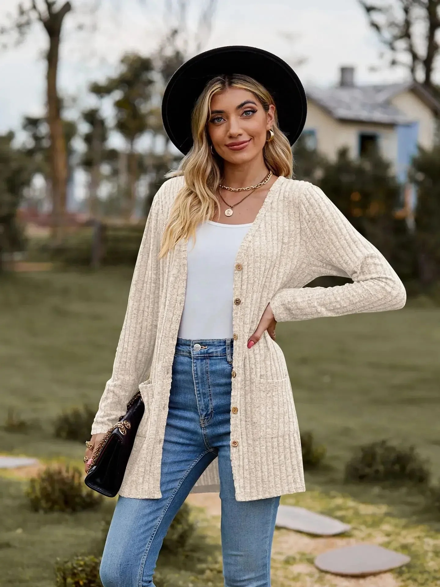 Autumn New Women's Milled Pit Stripe V-Neck Solid Colour Button Long Sleeve Ladies Casual Extensions Cardigan Jacket Coat