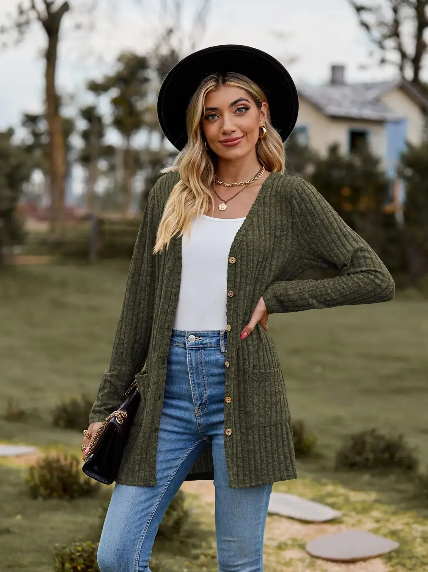 Autumn New Women's Milled Pit Stripe V-Neck Solid Colour Button Long Sleeve Ladies Casual Extensions Cardigan Jacket Coat