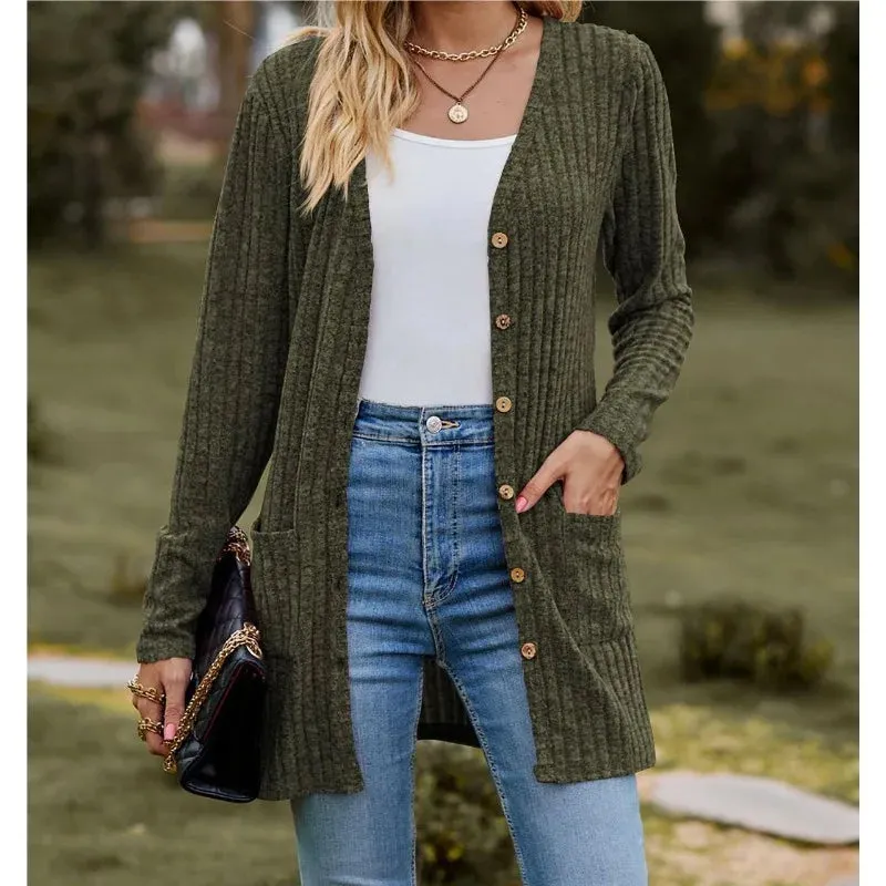 Autumn New Women's Milled Pit Stripe V-Neck Solid Colour Button Long Sleeve Ladies Casual Extensions Cardigan Jacket Coat