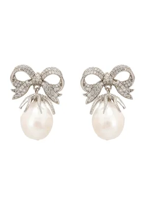 Baroque Pearl Ribbon And Bows Drop Earrings Silver