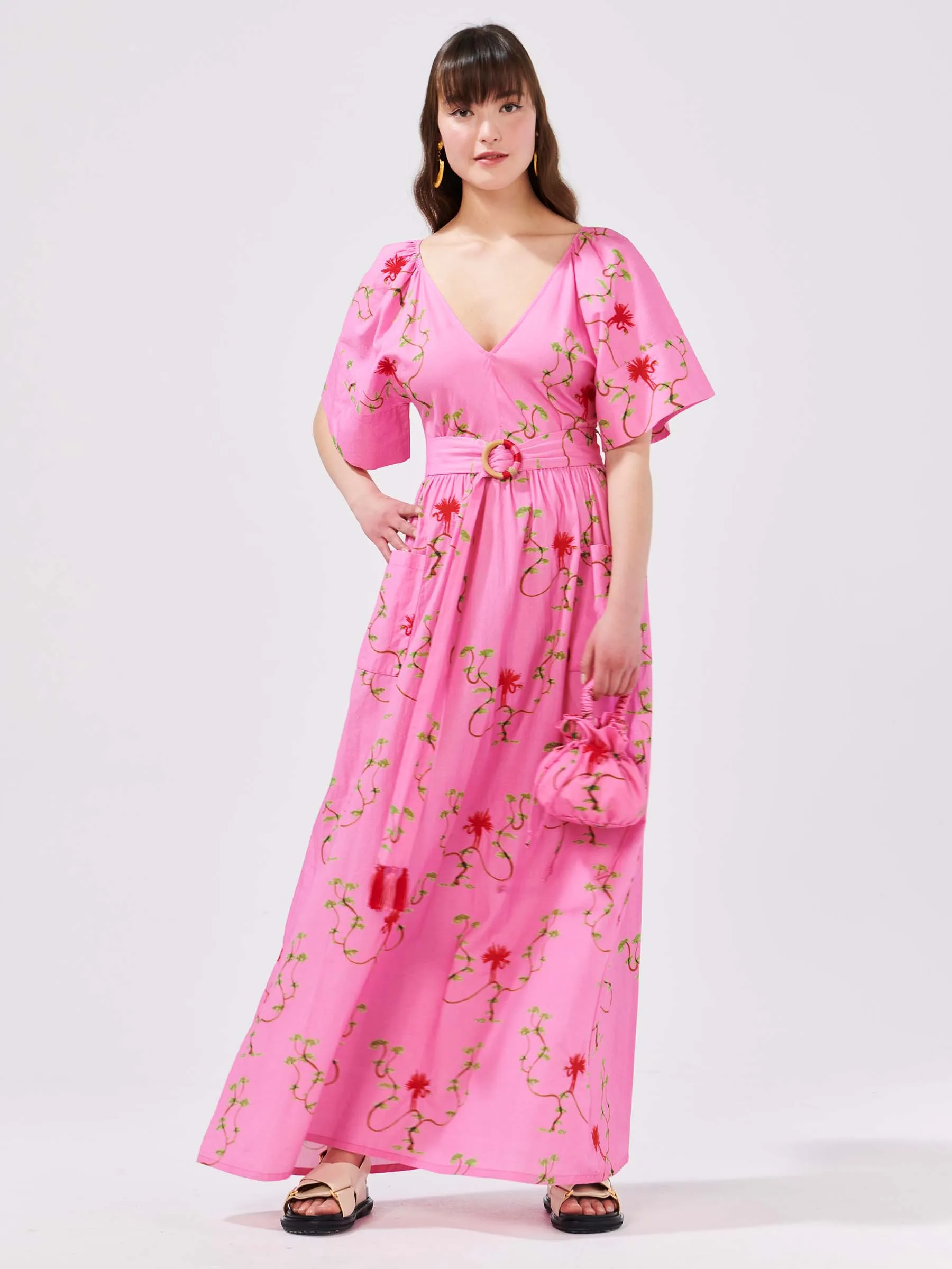 Birds Of Utopia Embroidered Kimono Sleeve Cotton Maxi Dress Pink