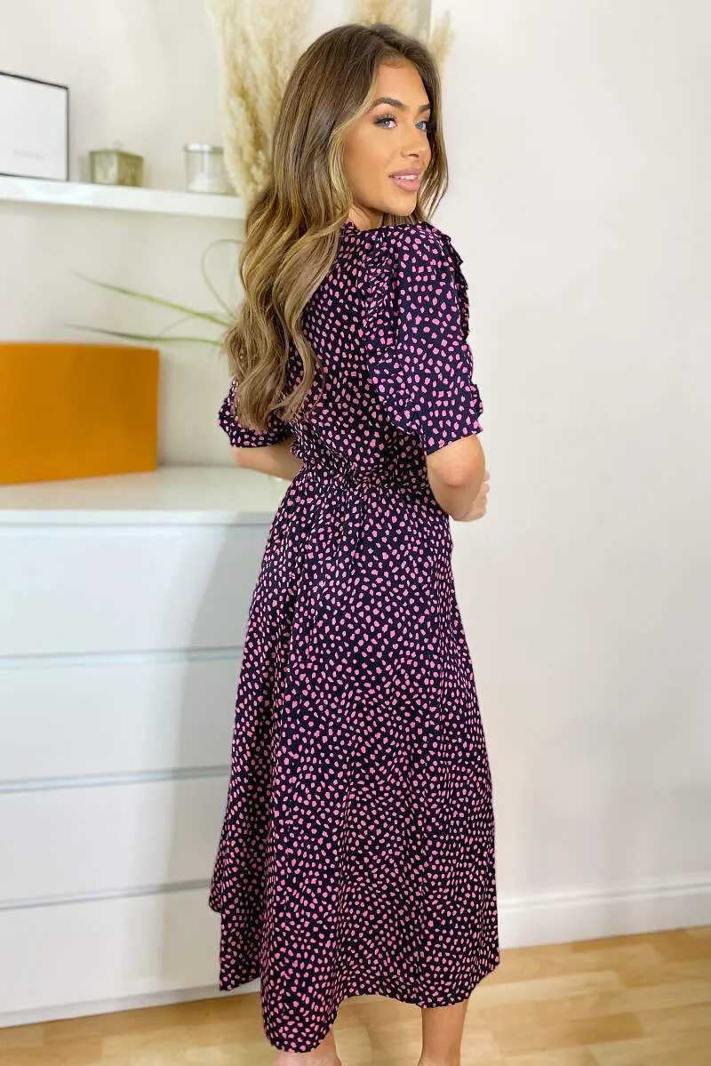 Black and Pink Dot Pleat Sleeve Split Midi Dress