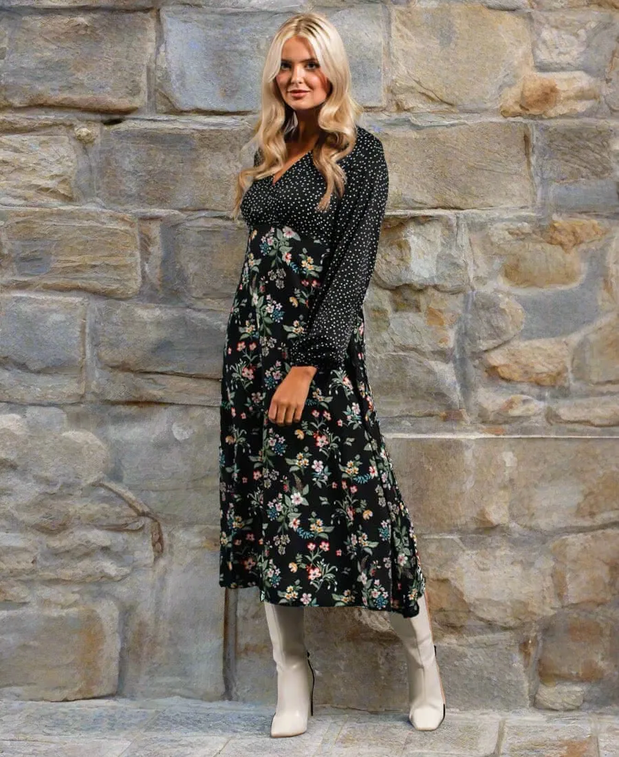 Black Floral Long Sleeve Midi Dress