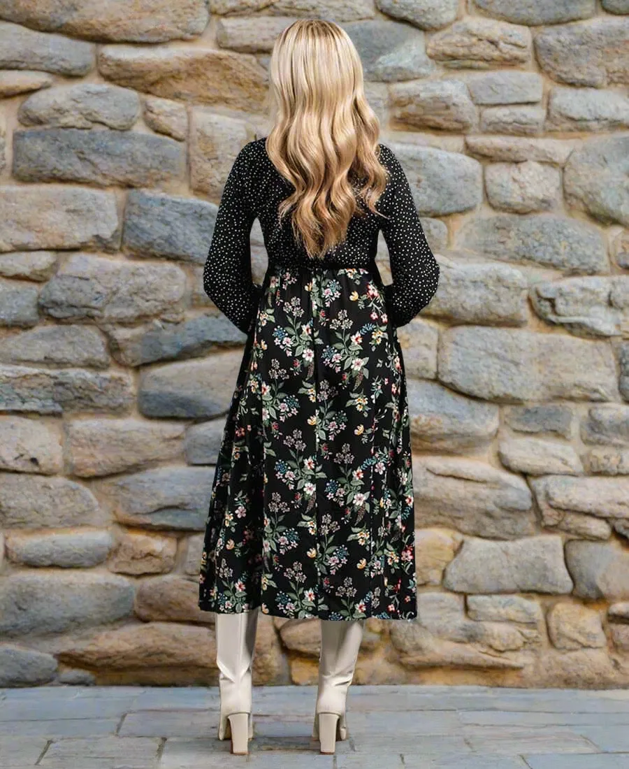 Black Floral Long Sleeve Midi Dress