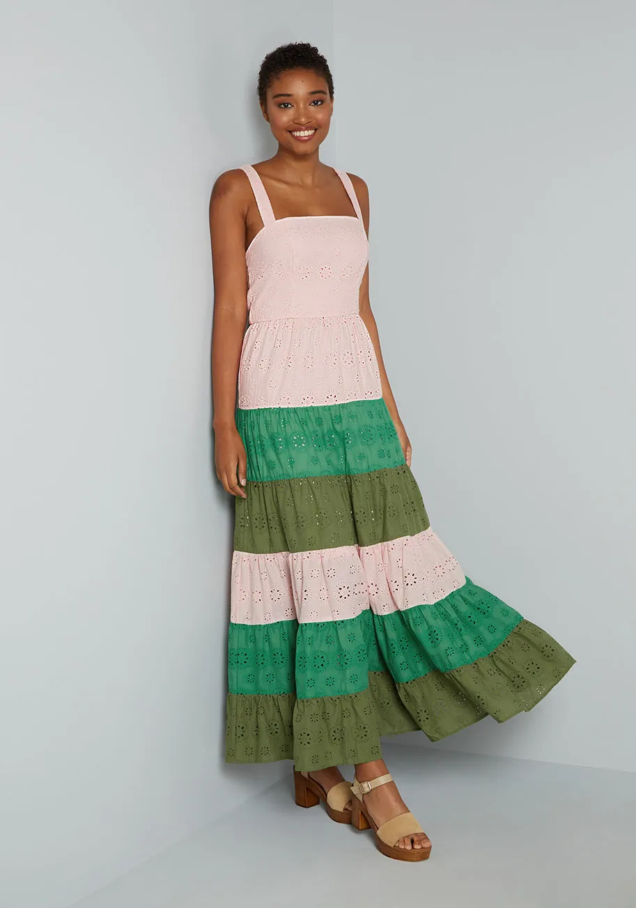 Blocked in Eyelet Tiered Maxi Dress