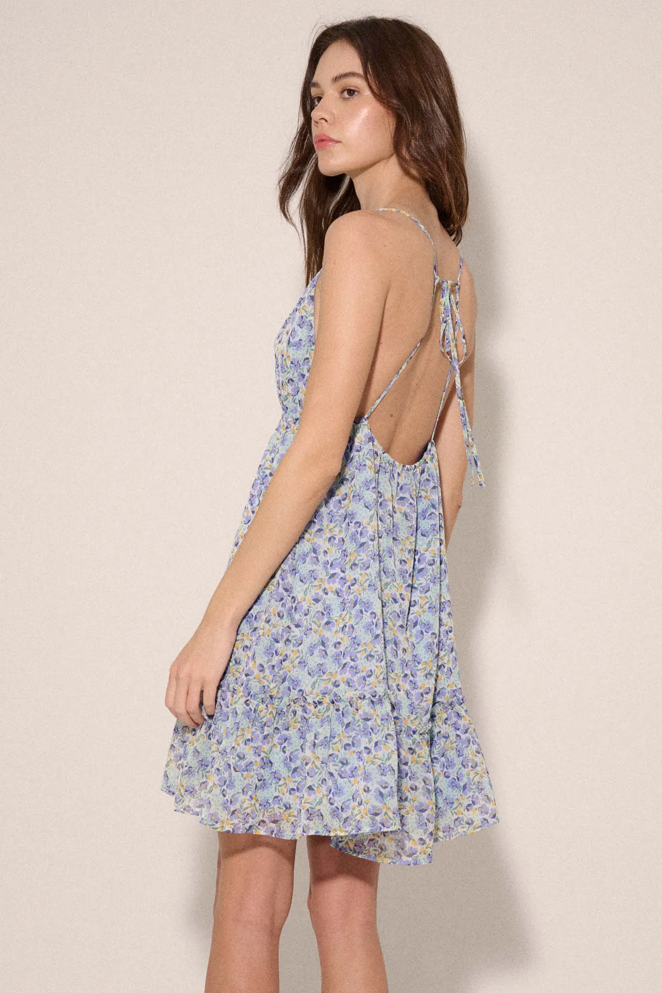 Blue Bliss Floral Chiffon Open-Back Mini Dress