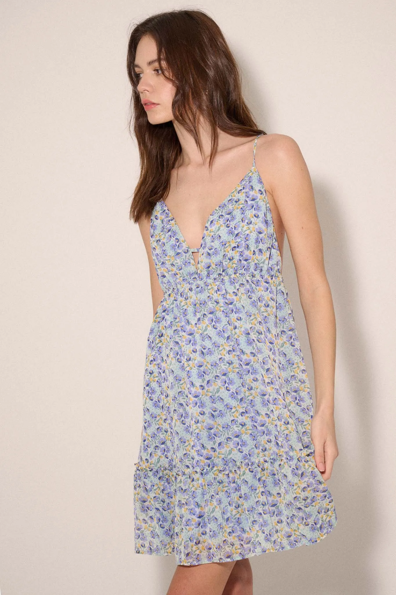 Blue Bliss Floral Chiffon Open-Back Mini Dress