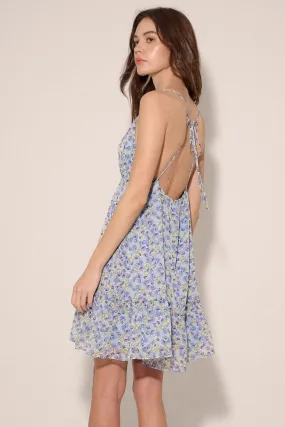 Blue Bliss Floral Chiffon Open-Back Mini Dress